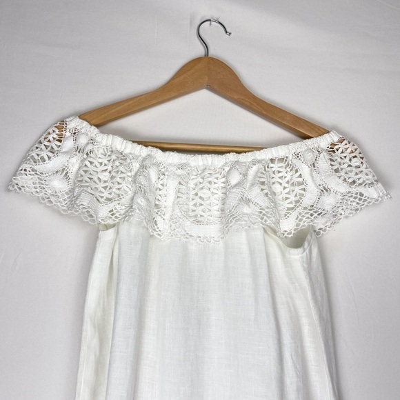 Ersilia Sz. S 100% linen handmade off the shoulder white lace and crochet dress - Picture 3 of 12